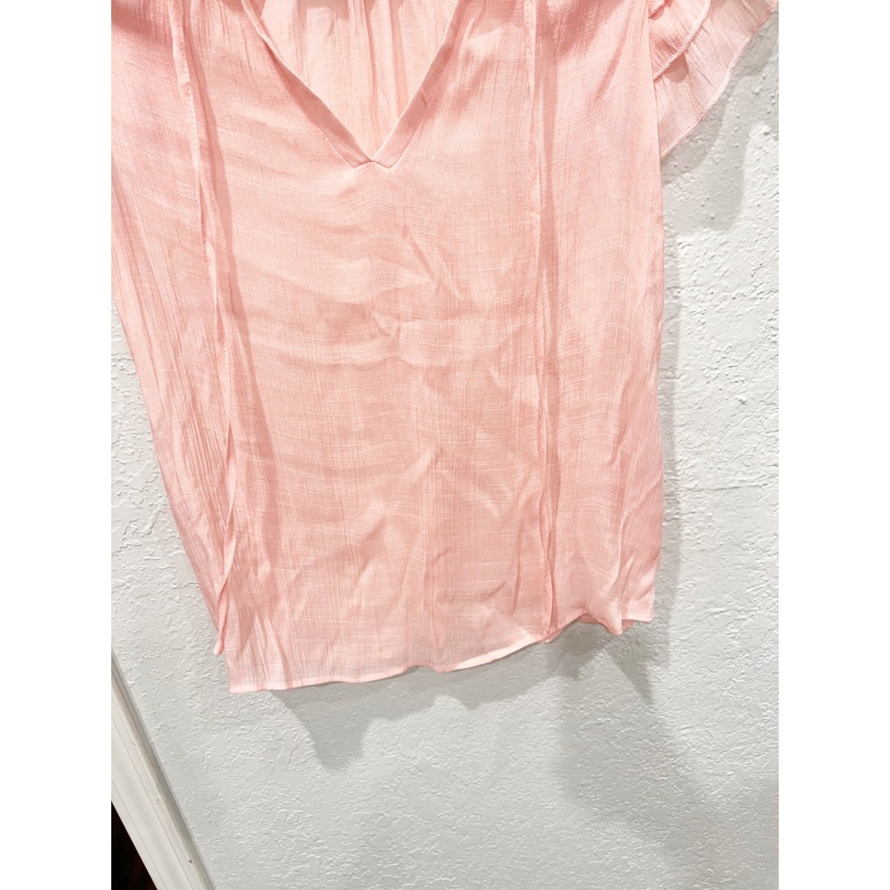 Pink Ruffle Flutter Sleeve V-Neck Tie Blouse‎ Textured Pleated Top Small - Picture 4 of 7